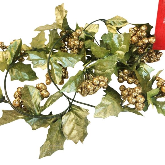 Glitter Holly Christmas Garland 6 Ft Gold & Green Set Of 2 Holiday Decor - Picture 1 of 6
